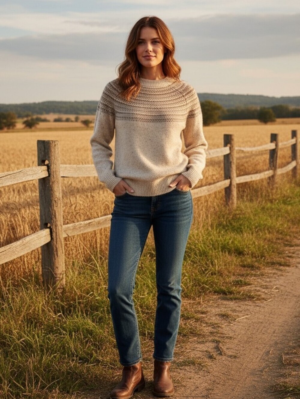 Wind River Cream and Brown Fair Isle Style Knit Sweater Size S